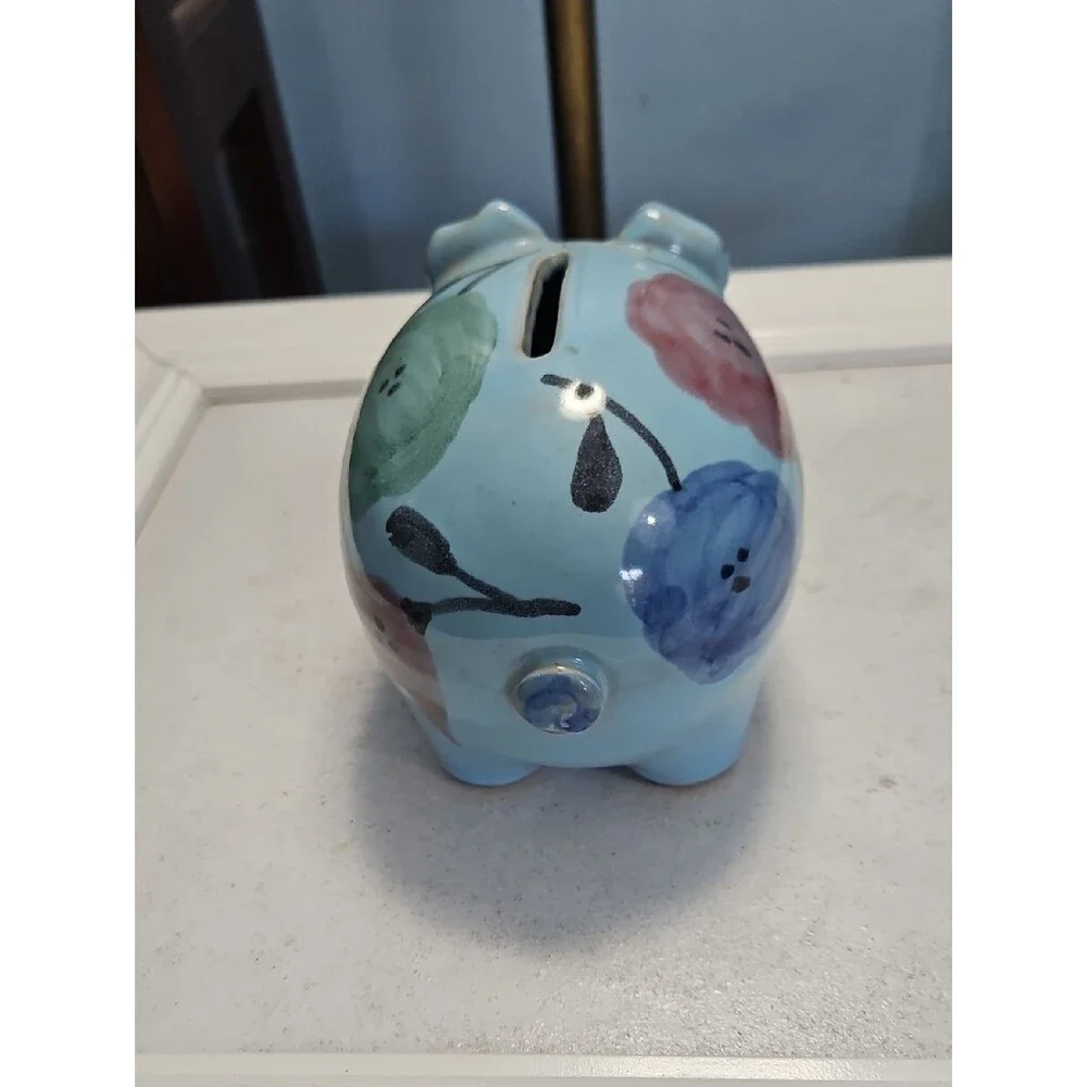 Ceramic Blue Floral Piggy Bank Made In Italy